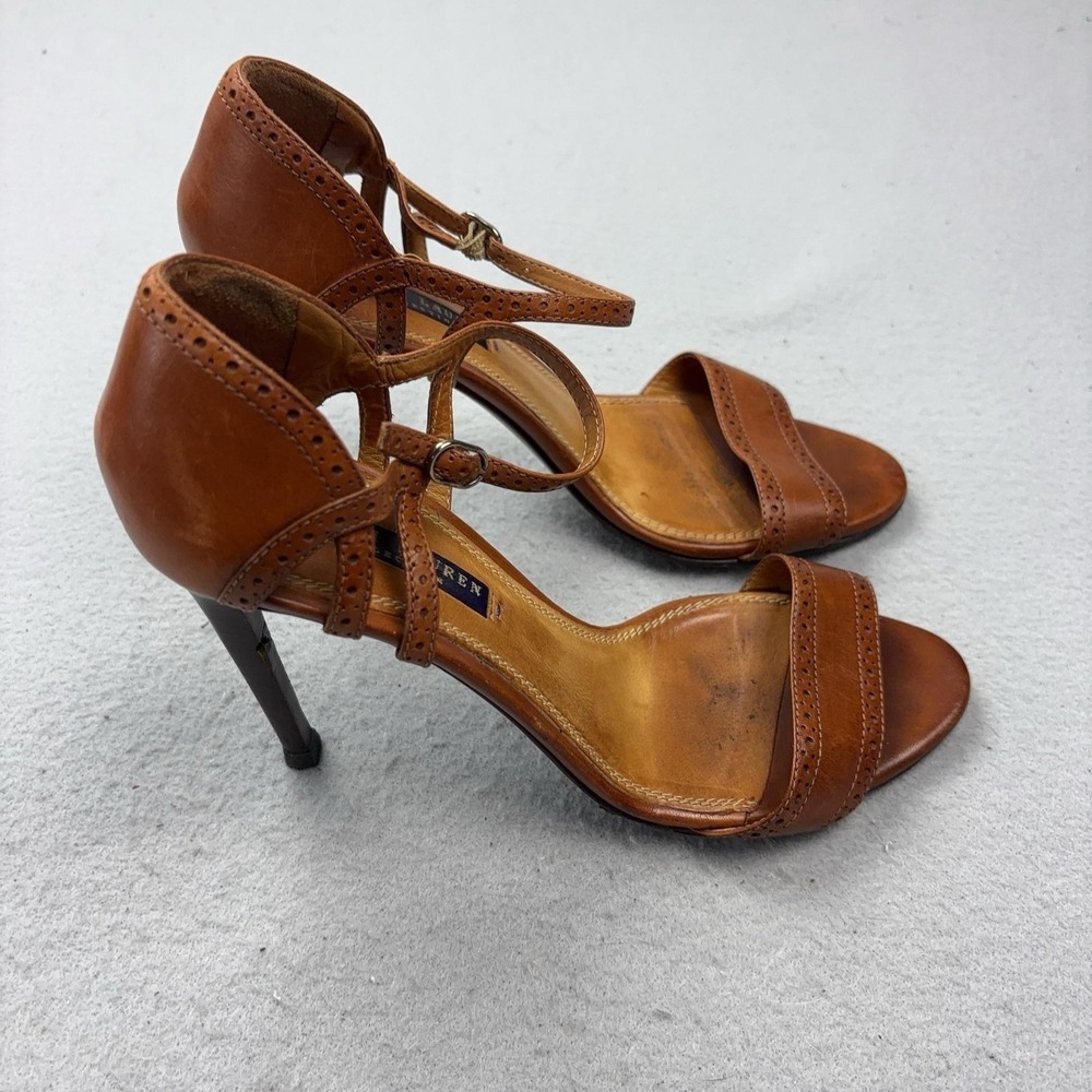 Ralph Lauren Purple Label Sandals Shoes Womens Size 7.5 Brown Leather Italy Heel
